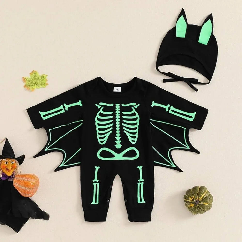 Baby Boys Girls Bat Glow in the Dark Skeleton Halloween Romper Jumpsuit Costume